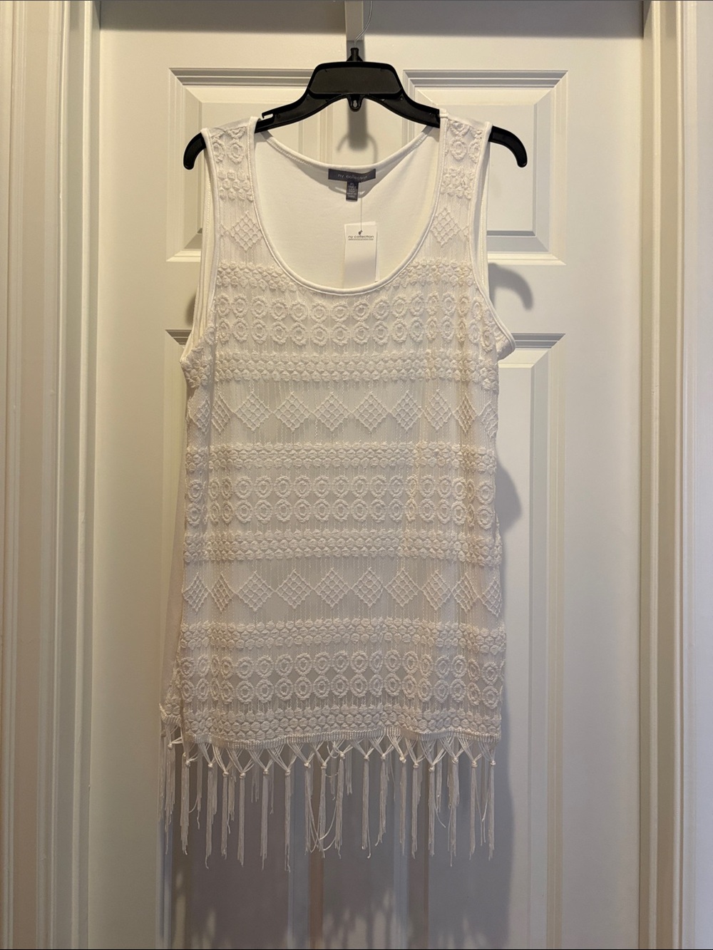 NY Collection White Crochet Fringe Tank Top
